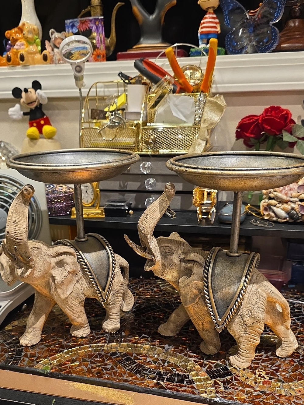 Decorative Elephant Pedestal Candle Holders - Gold and Cream